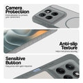 Grey-White phone case for Motorola G37 5G showing camera safety edges, anti slip side grip and easy press button covers.