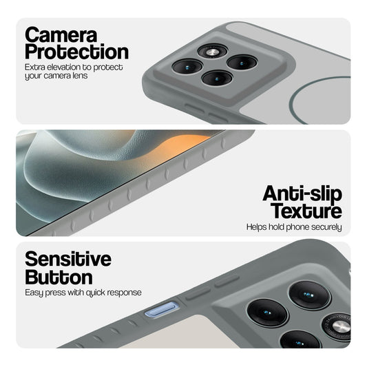 Grey-White phone case for Motorola G37 5G showing camera safety edges, anti slip side grip and easy press button covers.