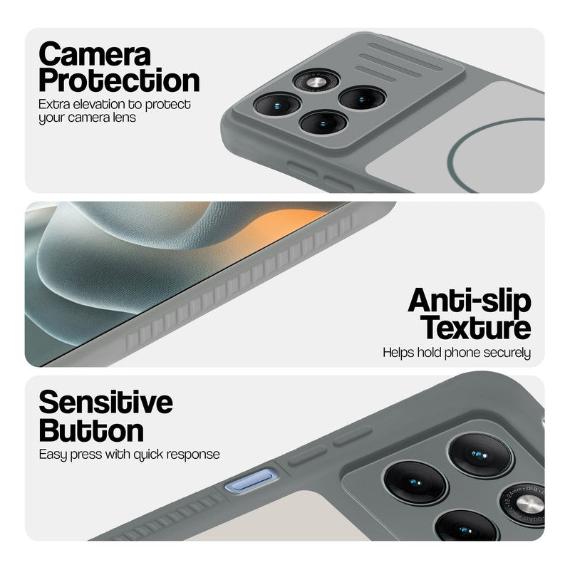 Grey-White phone case for Motorola G37 Power 5G showing camera safety edges, anti slip side grip and easy press button covers.
