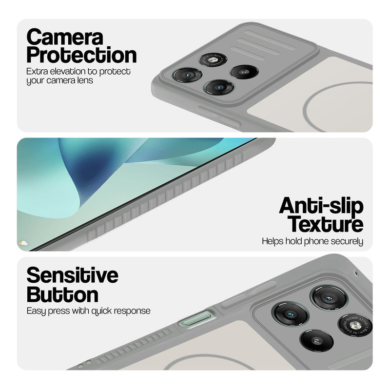 Grey-White phone case for Motorola G57 Power 5G showing camera safety edges, anti slip side grip and easy press button covers.