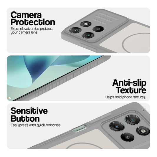 Grey-White phone case for Motorola G57 Power 5G showing camera safety edges, anti slip side grip and easy press button covers.