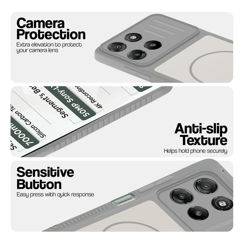 Grey-White phone case for Motorola G67 Power 5G showing camera safety edges, anti slip side grip and easy press button covers.