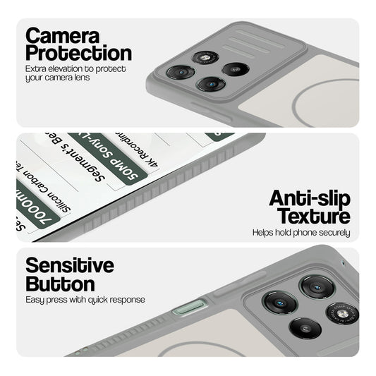 Grey-White phone case for Motorola G67 Power 5G showing camera safety edges, anti slip side grip and easy press button covers.
