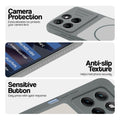 Grey-White phone case for Motorola G77 Power 5G showing camera safety edges, anti slip side grip and easy press button covers.