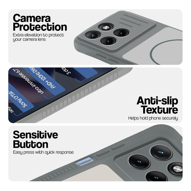 Grey-White phone case for Motorola G77 Power 5G showing camera safety edges, anti slip side grip and easy press button covers.