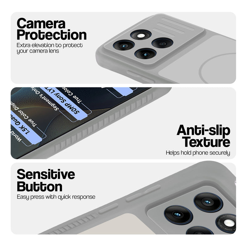 Grey-White phone case for Motorola Moto Edge 60 Fusion 5G showing camera safety edges, anti slip side grip and easy press button covers.