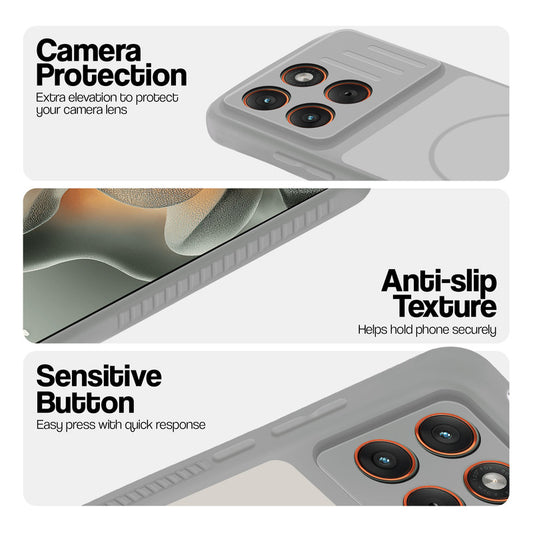 Grey-White phone case for Motorola Moto Edge 70 5G showing camera safety edges, anti slip side grip and easy press button covers.