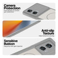 Grey-White phone case for Motorola Moto G85 5G showing camera safety edges, anti slip side grip and easy press button covers.