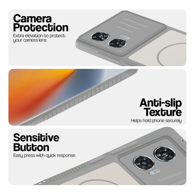 Grey-White phone case for Motorola Moto G85 5G showing camera safety edges, anti slip side grip and easy press button covers.