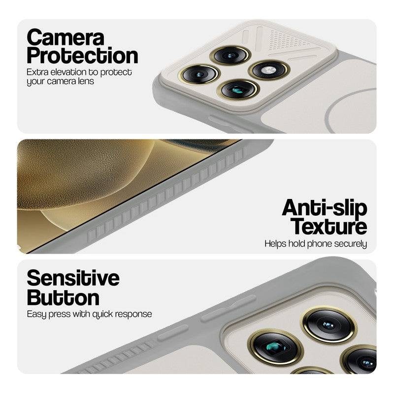 Grey-White phone case for Motorola Signature showing camera safety edges, anti slip side grip and easy press button covers.