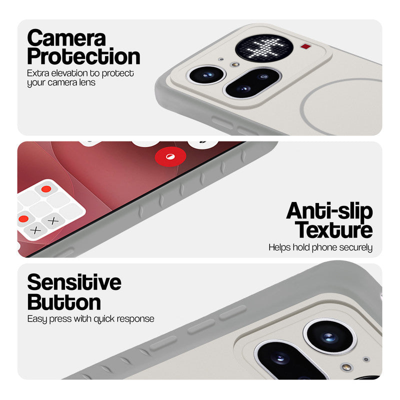 Grey-White phone case for Nothing Phone 4A Pro 5G showing camera safety edges, anti slip side grip and easy press button covers.