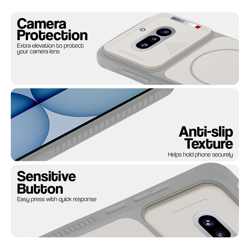 Grey-White phone case for Nothing Phone 4A 5G showing camera safety edges, anti slip side grip and easy press button covers.