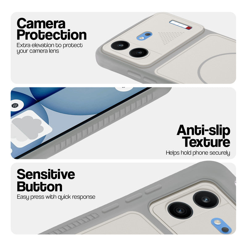 Grey-White phone case for Nothing Phone 4B 5G showing camera safety edges, anti slip side grip and easy press button covers.
