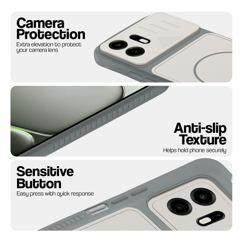 Grey-White phone case for OnePlus N6 5G showing camera safety edges, anti slip side grip and easy press button covers.