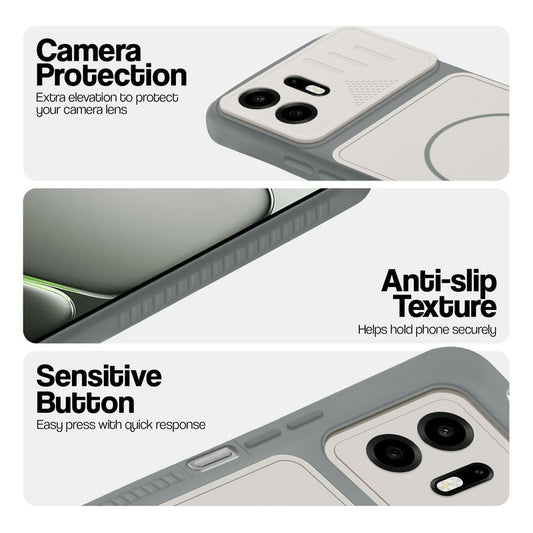 Grey-White phone case for OnePlus N6 5G showing camera safety edges, anti slip side grip and easy press button covers.