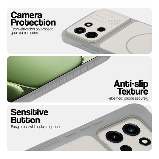 Grey-White phone case for OnePlus Nord 6 5G showing camera safety edges, anti slip side grip and easy press button covers.