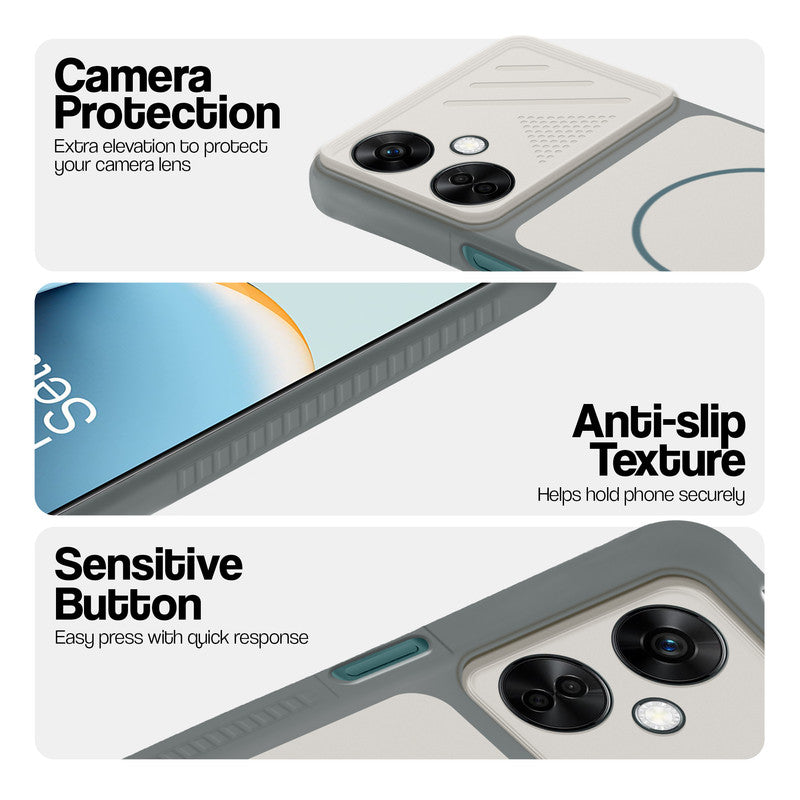 Grey-White phone case for OnePlus Nord CE 3 Lite 5G showing camera safety edges, anti slip side grip and easy press button covers.