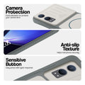 Grey-White phone case for OnePlus Nord CE 4 Lite 5G showing camera safety edges, anti slip side grip and easy press button covers.