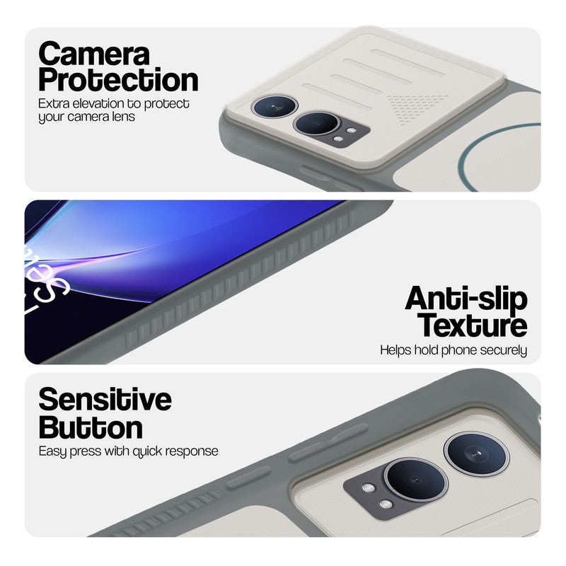 Grey-White phone case for OnePlus Nord CE 4 Lite 5G showing camera safety edges, anti slip side grip and easy press button covers.