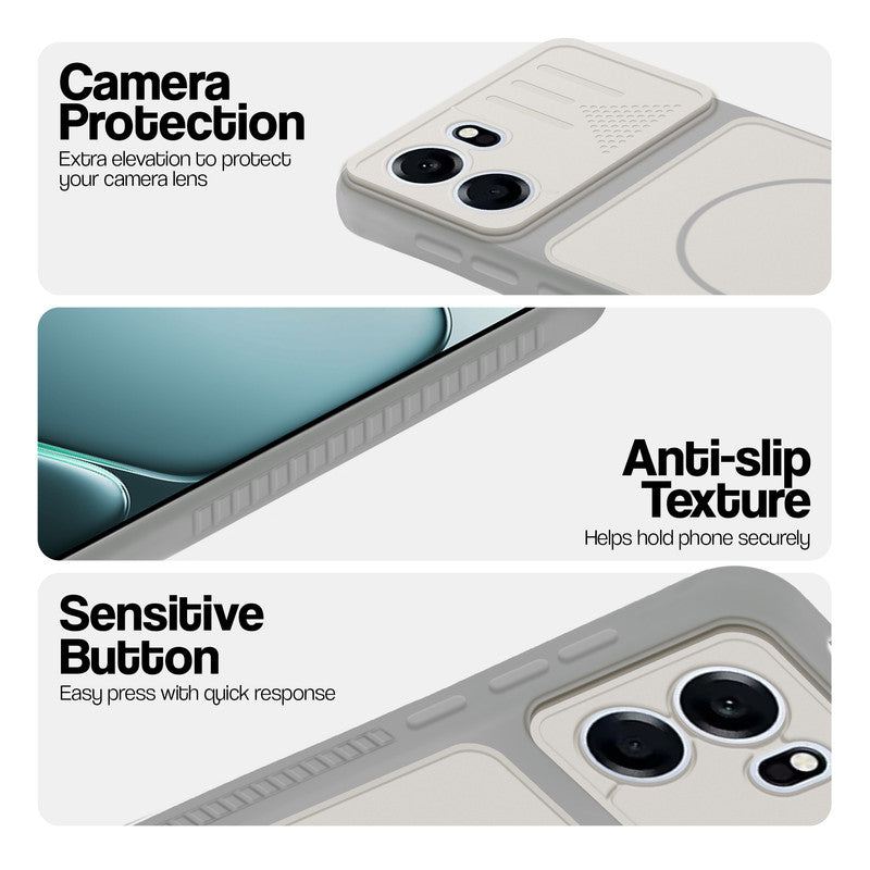 Grey-White phone case for OnePlus Nord CE 6 5G showing camera safety edges, anti slip side grip and easy press button covers.