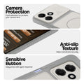 Grey-White phone case for Oppo A6C 4G showing camera safety edges, anti slip side grip and easy press button covers.