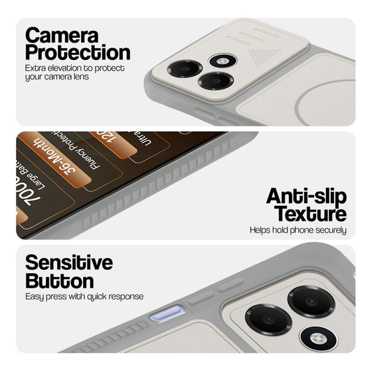 Grey-White phone case for Oppo A6C 4G showing camera safety edges, anti slip side grip and easy press button covers.