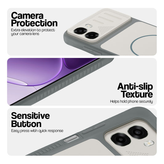 Grey-White phone case for Oppo A6s 5G showing camera safety edges, anti slip side grip and easy press button covers.