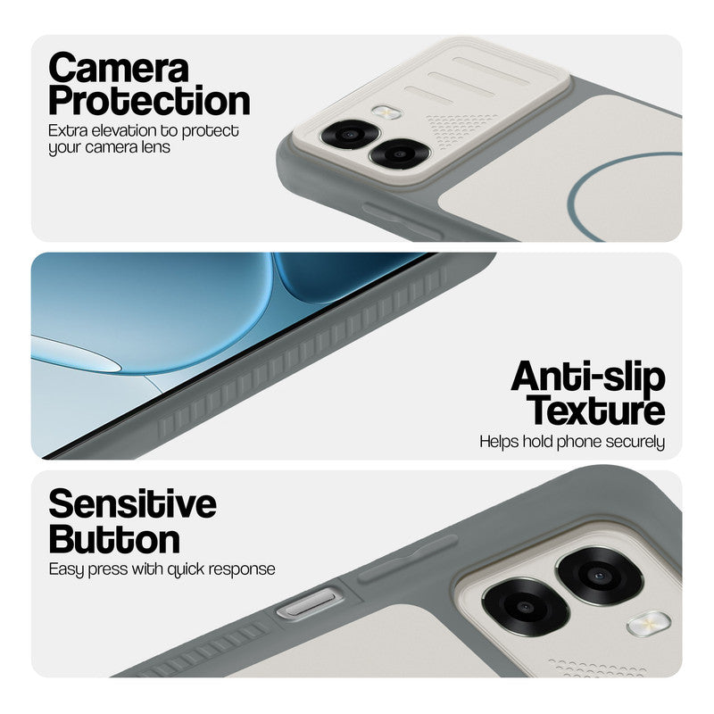 Grey-White phone case for Oppo A6x 5G showing camera safety edges, anti slip side grip and easy press button covers.