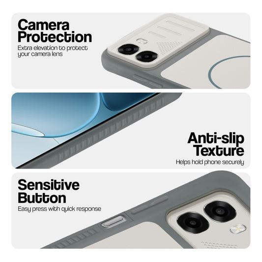 Grey-White phone case for Oppo A6x 5G showing camera safety edges, anti slip side grip and easy press button covers.