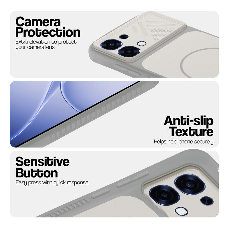 Grey-White phone case for Oppo F31 5G showing camera safety edges, anti slip side grip and easy press button covers.