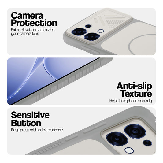 Grey-White phone case for Oppo F31 5G showing camera safety edges, anti slip side grip and easy press button covers.