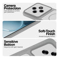 Grey-White phone case for Oppo F31 Pro 5G showing camera safety edges, anti slip side grip and easy press button covers.