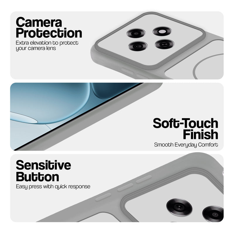 Grey-White phone case for Oppo F31 Pro 5G showing camera safety edges, anti slip side grip and easy press button covers.
