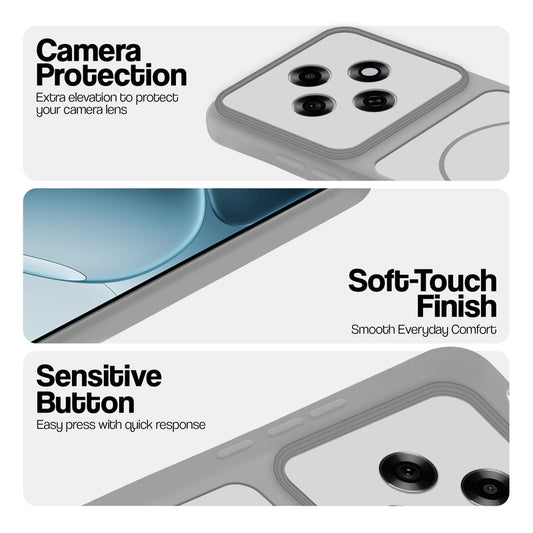 Grey-White phone case for Oppo F31 Pro 5G showing camera safety edges, anti slip side grip and easy press button covers.