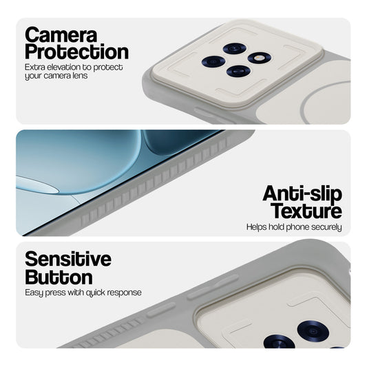 Grey-White phone case for Oppo F31 Pro Plus 5G showing camera safety edges, anti slip side grip and easy press button covers.