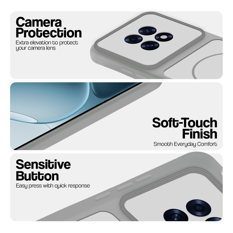 Grey-White phone case for Oppo F31 Pro Plus 5G showing camera safety edges, anti slip side grip and easy press button covers.