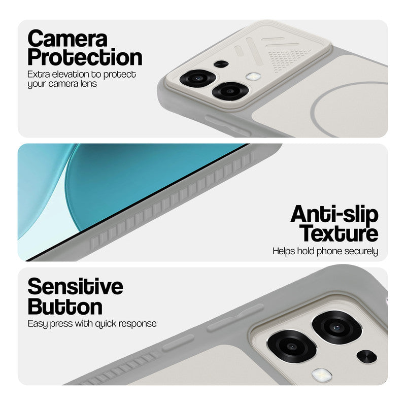 Grey-White phone case for Oppo F33 5G showing camera safety edges, anti slip side grip and easy press button covers.