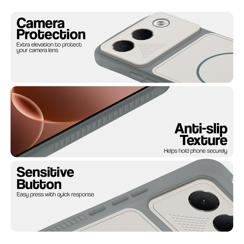 Grey-White phone case for Oppo F35 5G showing camera safety edges, anti slip side grip and easy press button covers.