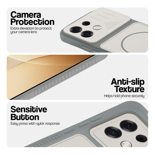 Grey-White phone case for Oppo F35 Pro 5G showing camera safety edges, anti slip side grip and easy press button covers.