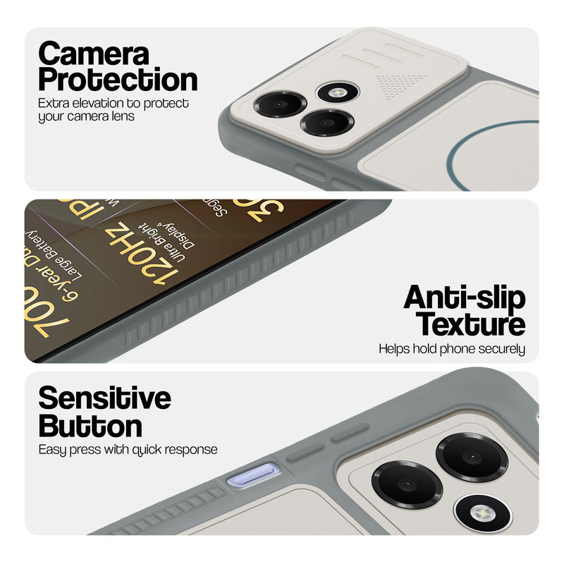 Grey-White phone case for OPPO K14 Lite 5G showing camera safety edges, anti slip side grip and easy press button covers.