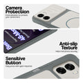 Grey-White phone case for Oppo K14x 5G showing camera safety edges, anti slip side grip and easy press button covers.