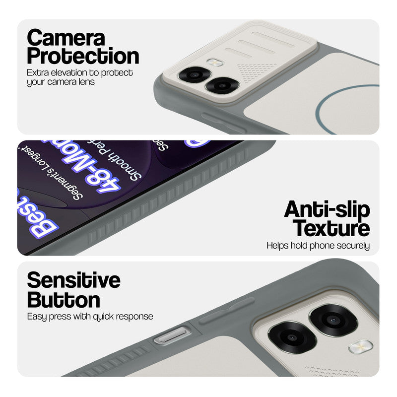 Grey-White phone case for Oppo K14x 5G showing camera safety edges, anti slip side grip and easy press button covers.