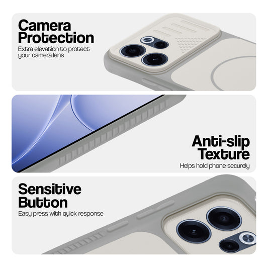 Grey-White phone case for Oppo Reno 15C 5G showing camera safety edges, anti slip side grip and easy press button covers.