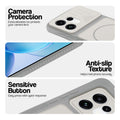 Grey-White phone case for Oppo Reno 16 5G showing camera safety edges, anti slip side grip and easy press button covers.