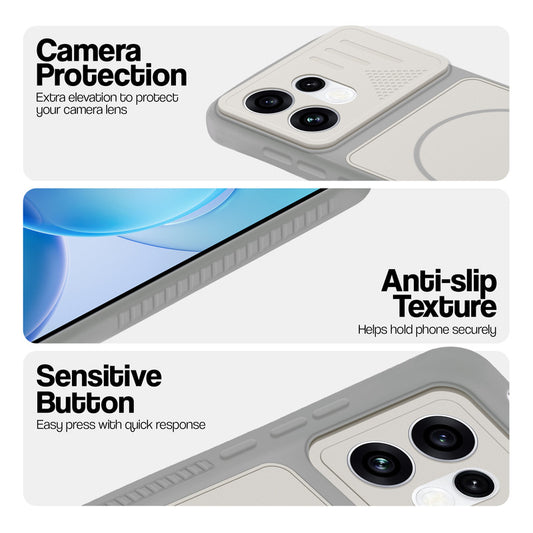 Grey-White phone case for Oppo Reno 16 5G showing camera safety edges, anti slip side grip and easy press button covers.