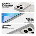 Grey-White phone case for Oppo Reno 16C 5G showing camera safety edges, anti slip side grip and easy press button covers.