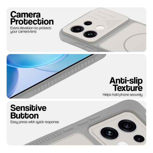 Grey-White phone case for Oppo Reno 16C 5G showing camera safety edges, anti slip side grip and easy press button covers.