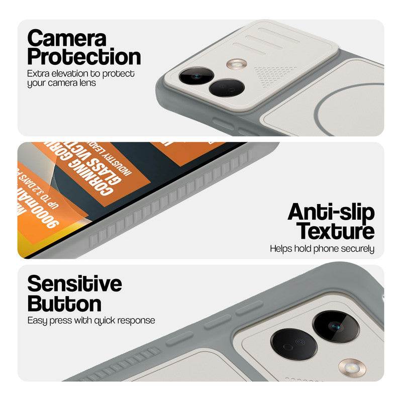 Grey-White phone case for POCO X8 5G showing camera safety edges, anti slip side grip and easy press button covers.