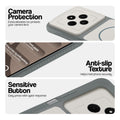 Grey-White phone case for Poco C75 5G showing camera safety edges, anti slip side grip and easy press button covers.