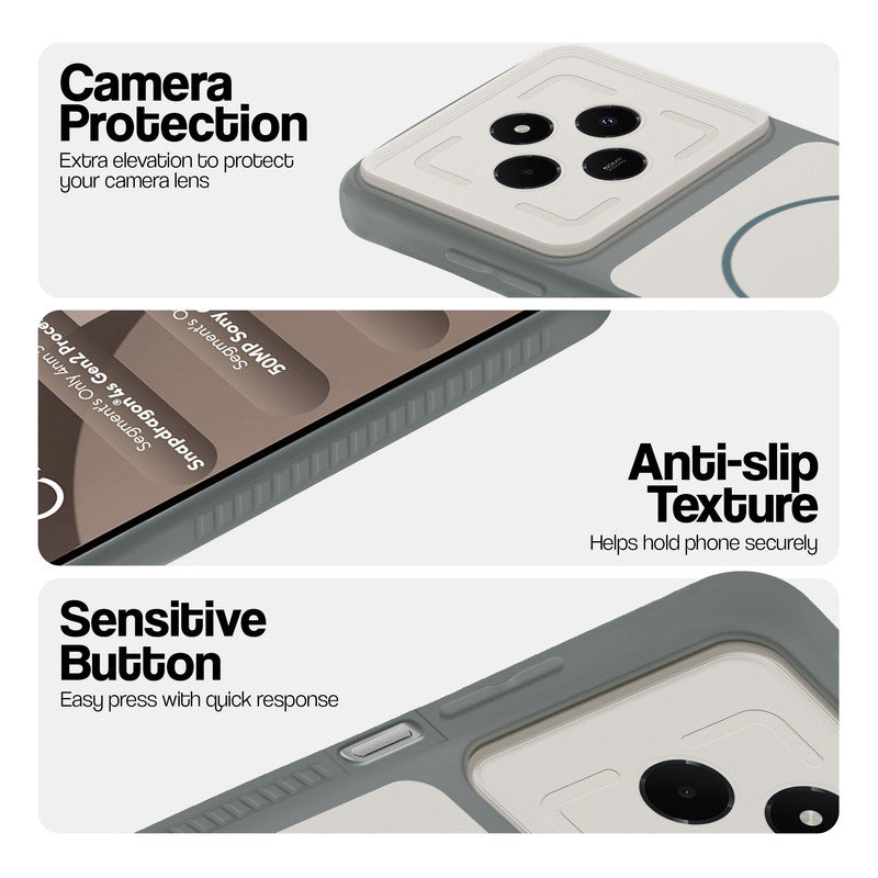 Grey-White phone case for Poco C75 5G showing camera safety edges, anti slip side grip and easy press button covers.
